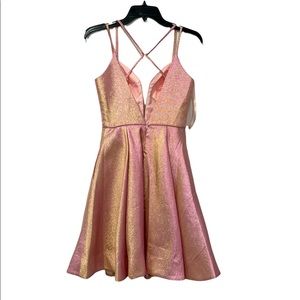 PromGirl Pink and Gold Iridescent Fit-and-Flare Prom Dress